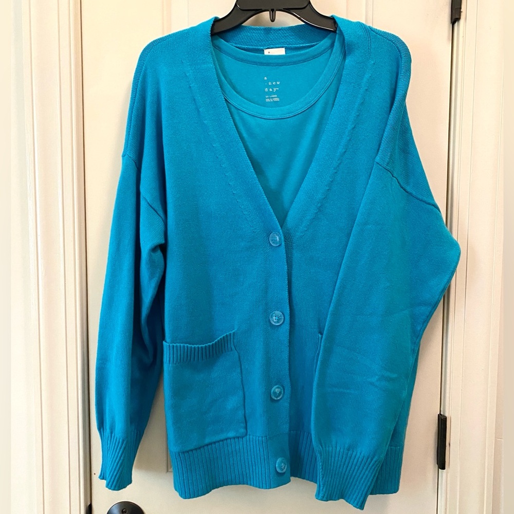 2 piece turquoise cardigan & knit tank “XL” see description NWT Cardi P2P apx 24